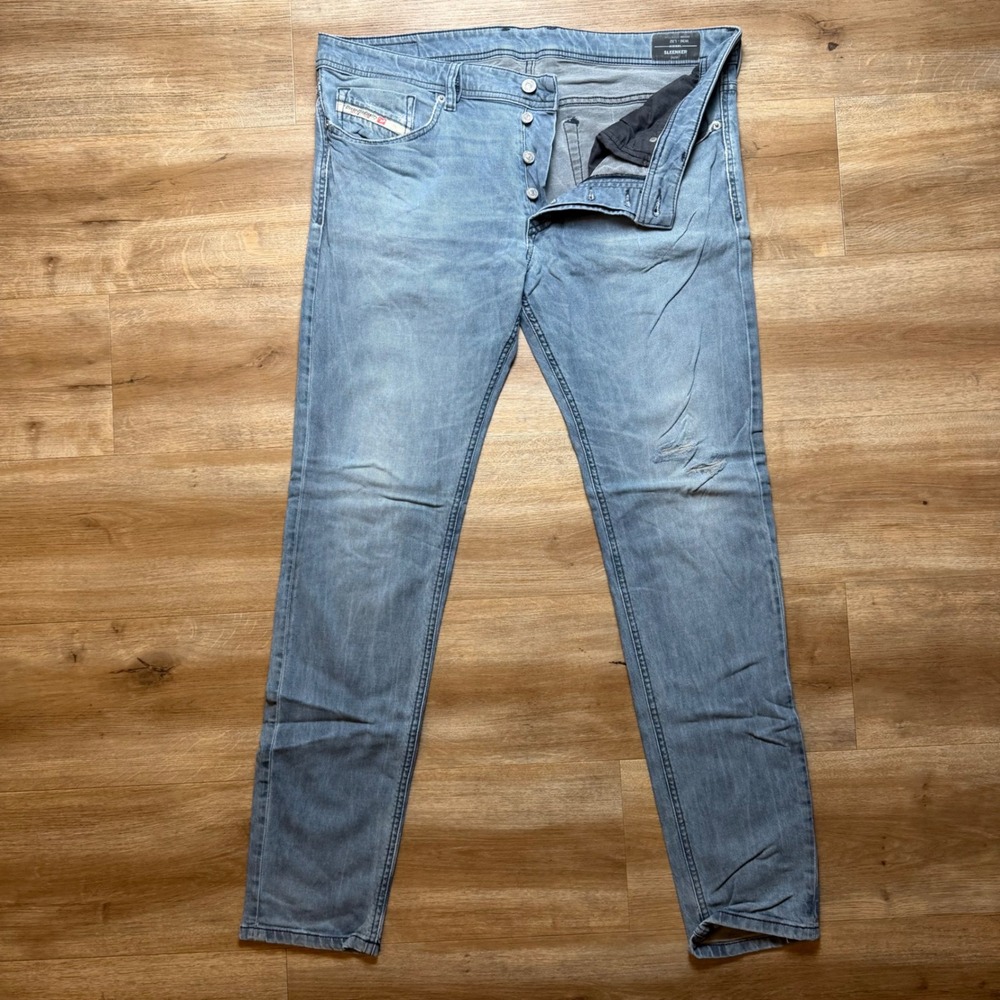 Diesel Sleenker-X Jeans Mens 36x32 Blue Skinny Fit Stretch Distressed Wash R866G